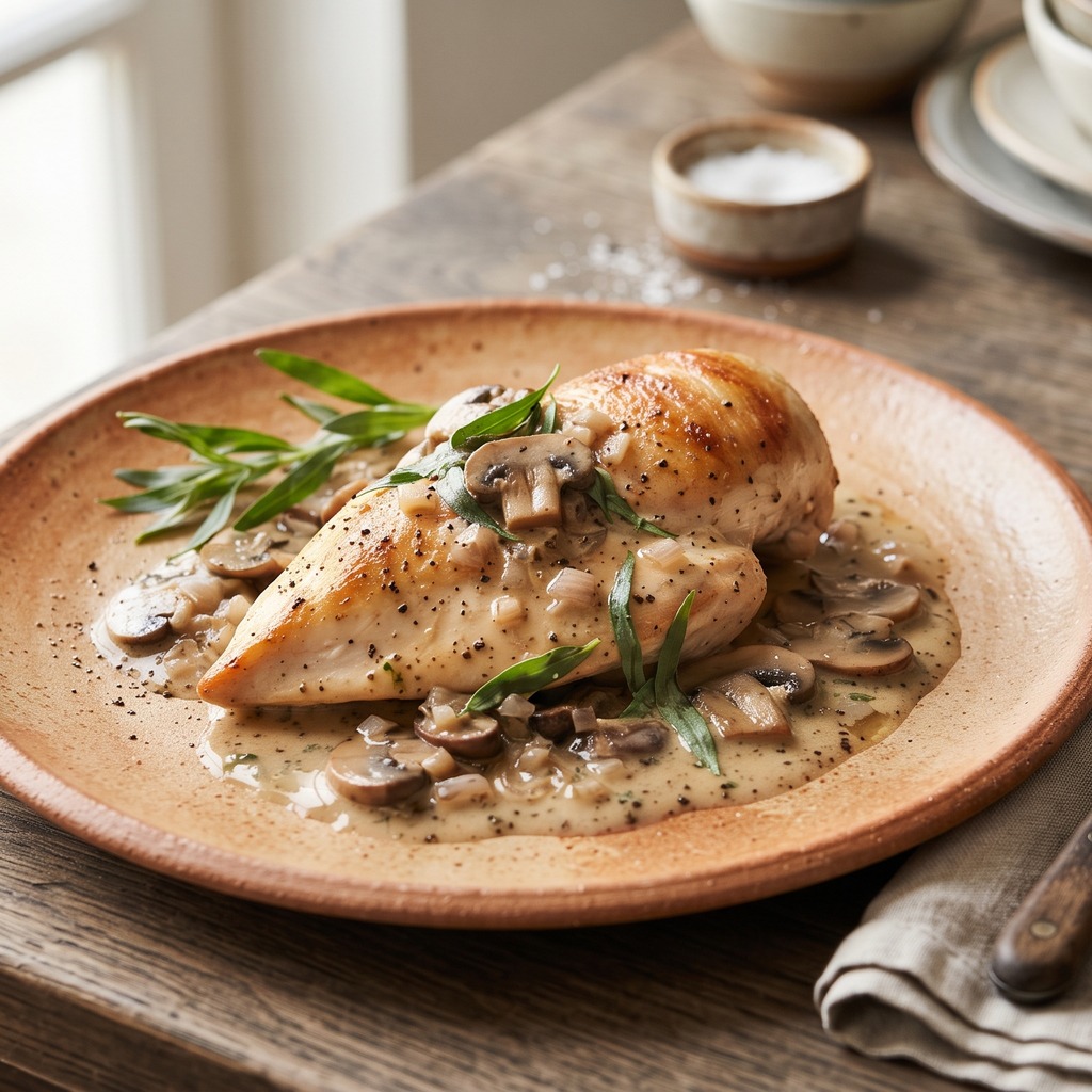 Poulet à l'estragon, champignons et crème