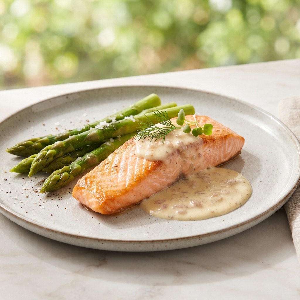 Filet de saumon, beurre blanc et asperges