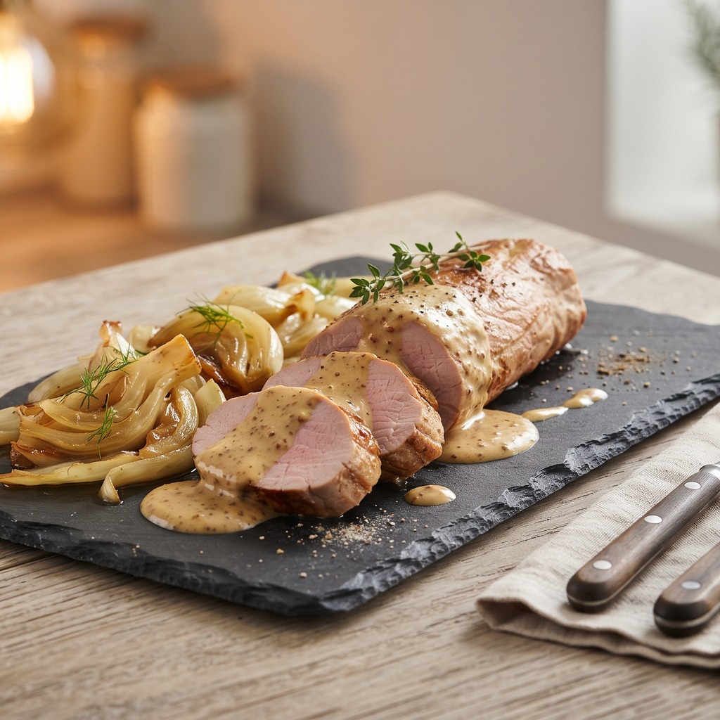Rôti de porc, sauce moutarde et fenouil braisé