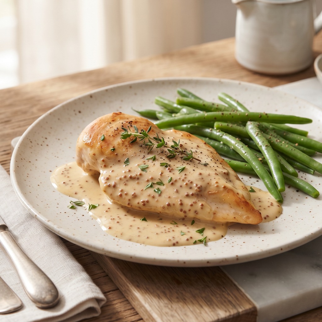 Escalope de poulet à la crème et moutarde, haricots verts
